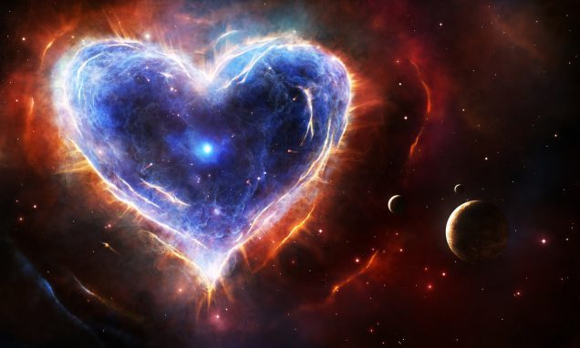 Supernova nebula in heart shape with planets and stars.